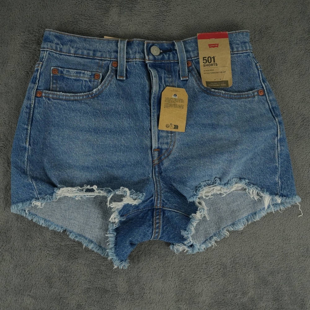 Levi's 501 Jean Shorts Womens 26 (Fits 27) Blue High Rise Cut Off Med Wash Denim